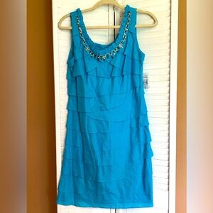 DressBarn Womens Size 8 turquoise sleeveless tiered ruffle beaded dress NWT